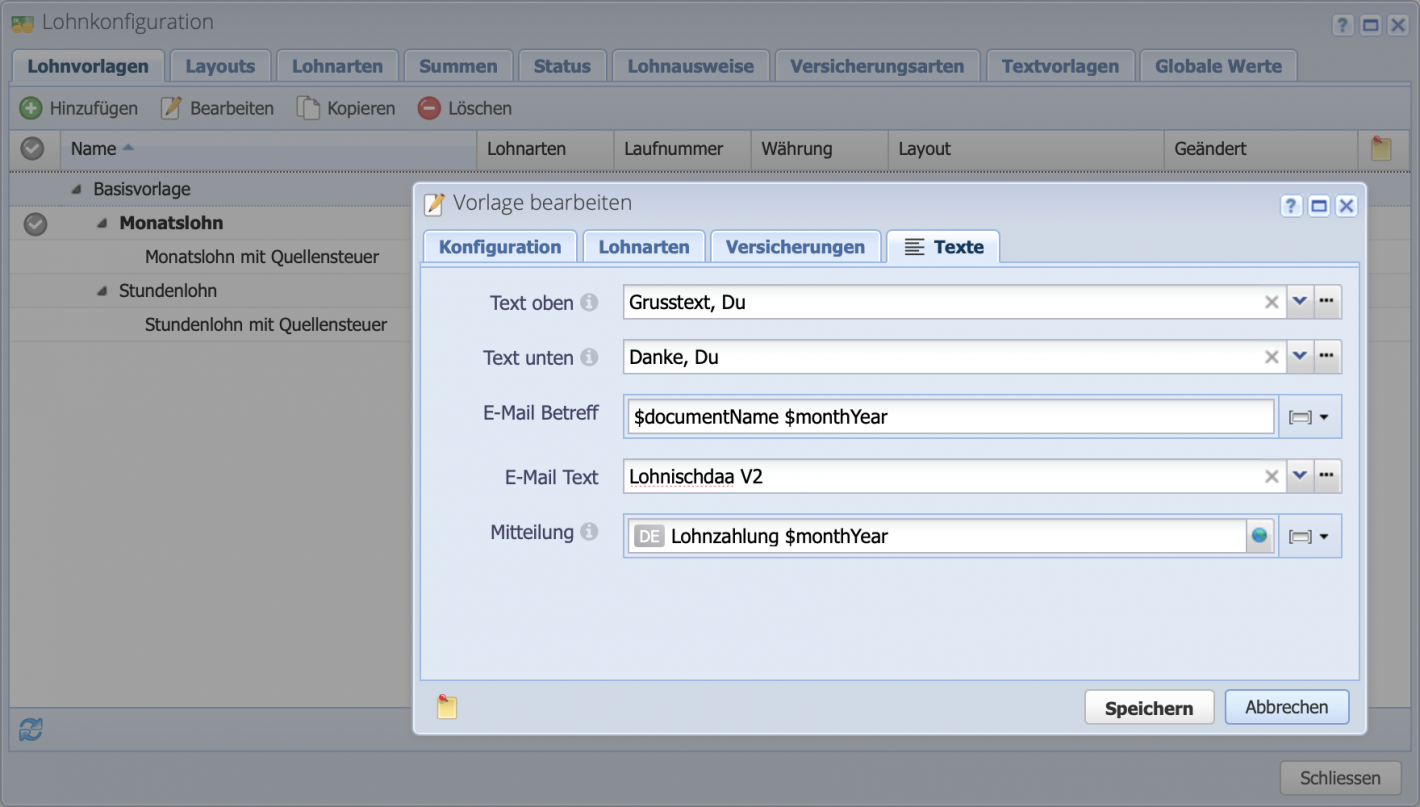 Screenshot der Lohnvorlagen, wo die Standard Textvorlagen eingestellt werden