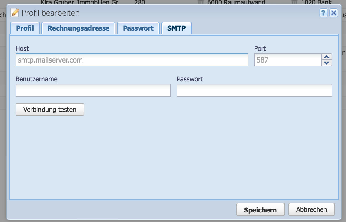 Screenshot: SMTP Konfiguration CashCtrl