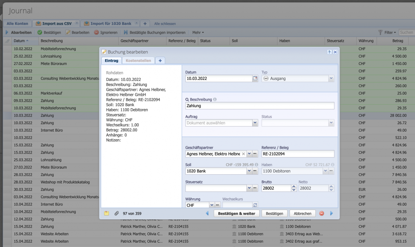 Screenshot of the import session with a booking in edit mode for control purposes