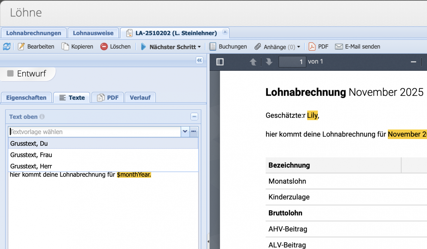 Screenshot einer Lohnabrechnung mit dem Reiter Texte und dem Dropdown Menü zur Auswahl von Textvorlagen