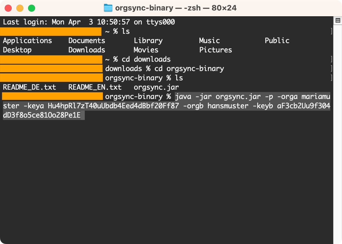 Screenshot des Mac Terminals mit dem Befehl zum Ausführen des Orgsync Scripts