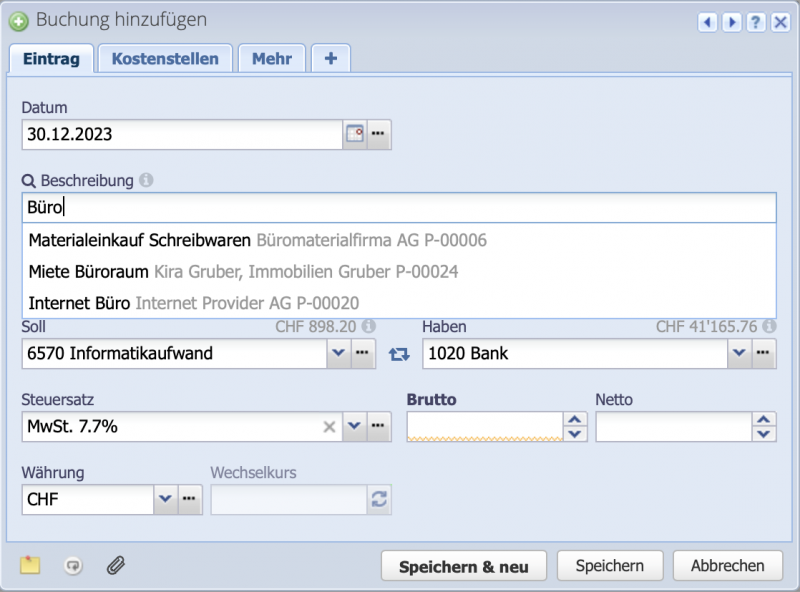 Screenshot of the booking dialog with auto-complete function