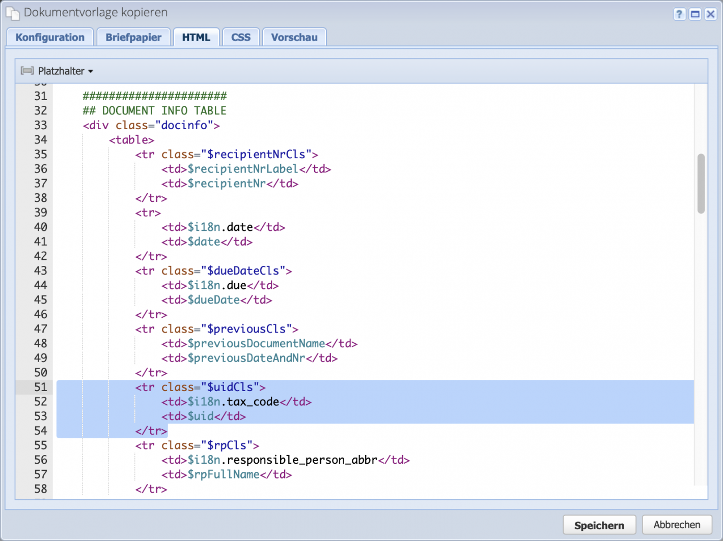 Screenshot der Dokumentvorlagen Konfiguration mit dem geöffneten HTML Reiter, wo der Code angepasst wird