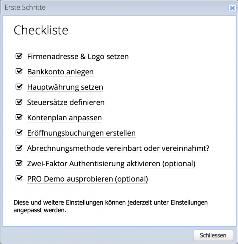 Screenshot der Erste Schritte Checkliste beim Einrichten von CashCtrl