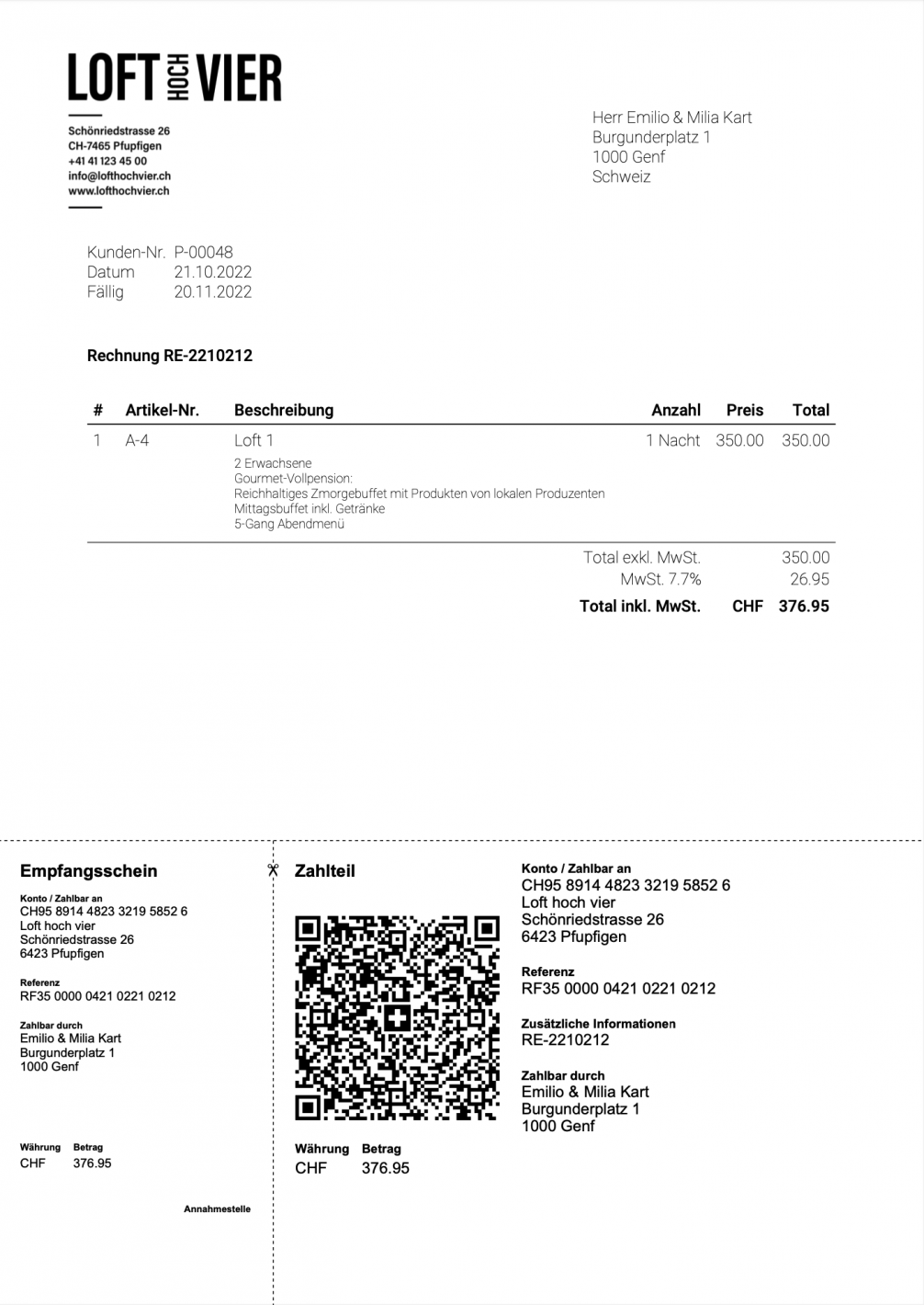 Screenshot einer individuell erstellten Rechnungsvorlage aus CashCtrl für eine fiktive Loft