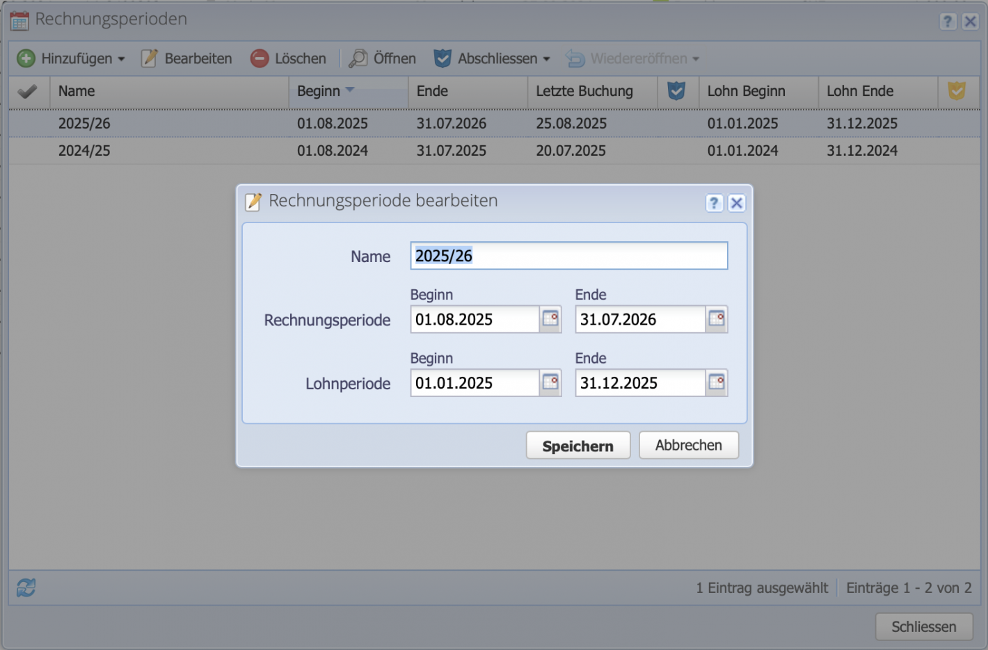 Screenshot of the fiscal periods management