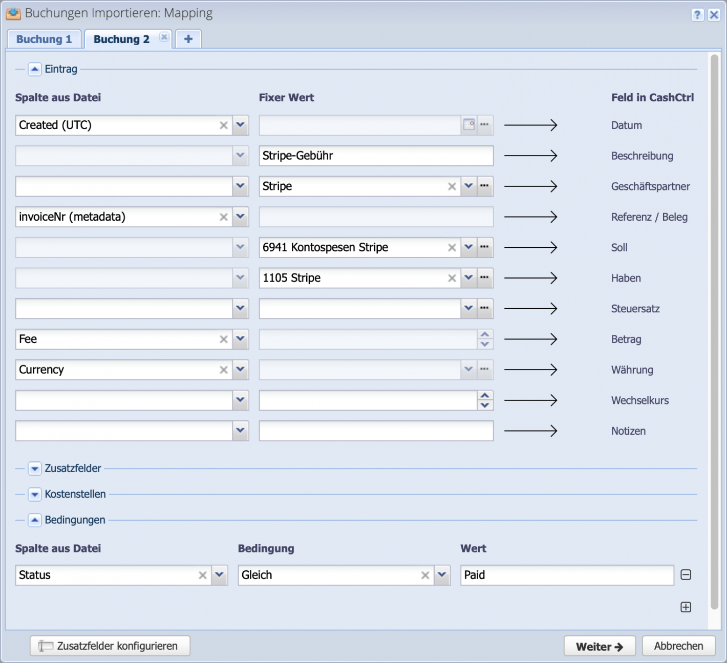 Screenshot of the mapping dialog for creating the second booking for the fee