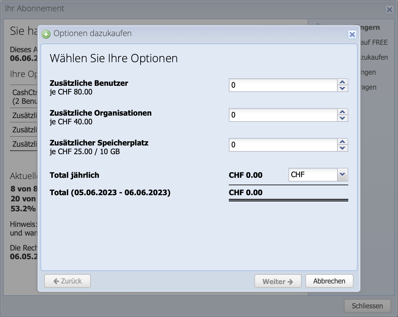 Screenshot des Dialogs zum Optionen dazukaufen