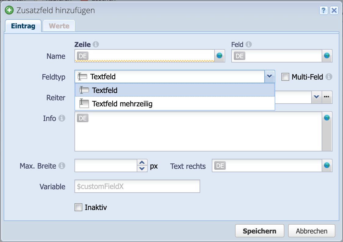 Screenshot des Zusatzfeld hinzufügen Dialog mit Dropdown der verschiedenen Typen von Zusatzfeldern