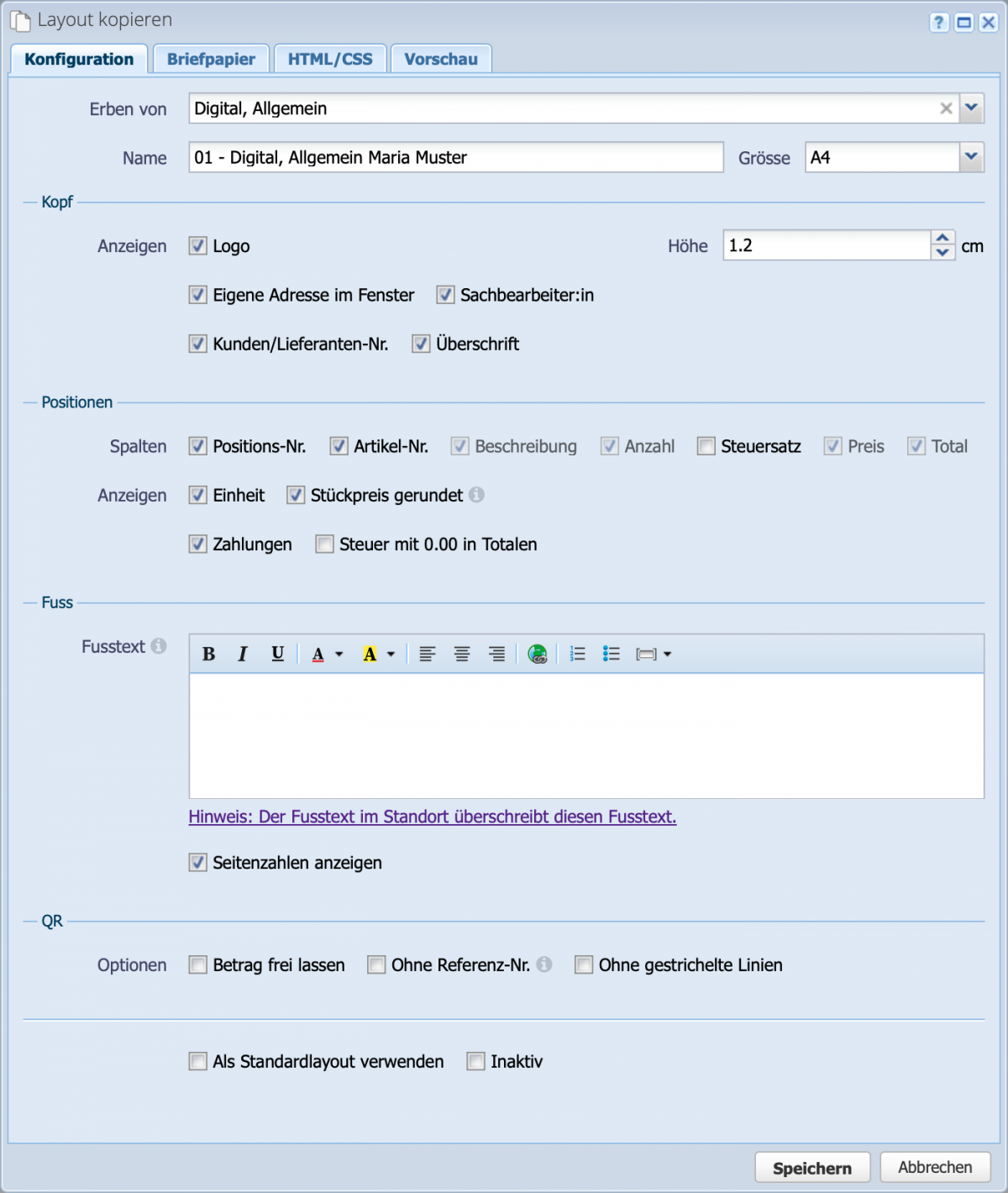 Screenshot der Konfiguration der Layouts
