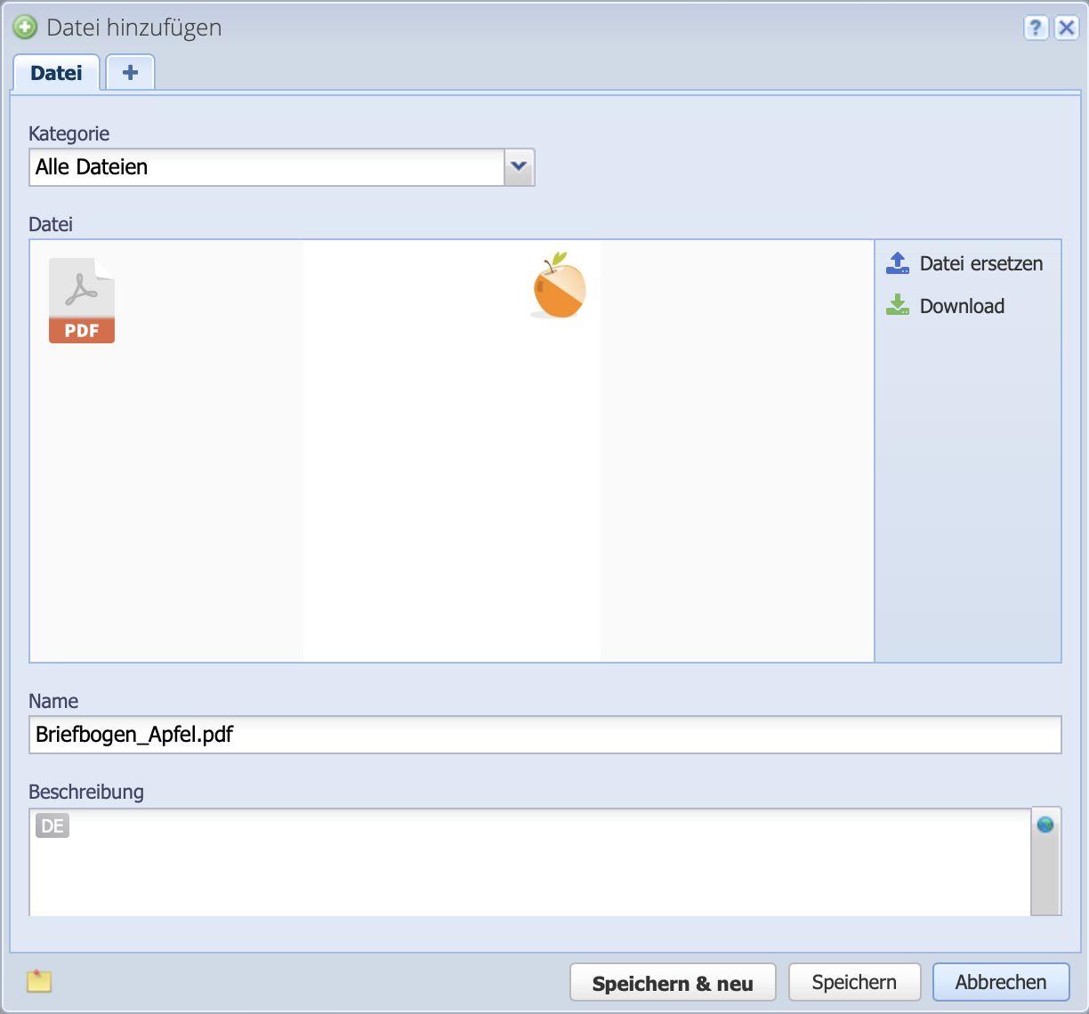 Screenshot des Hinzufügen Dialogs im Datei-Manager