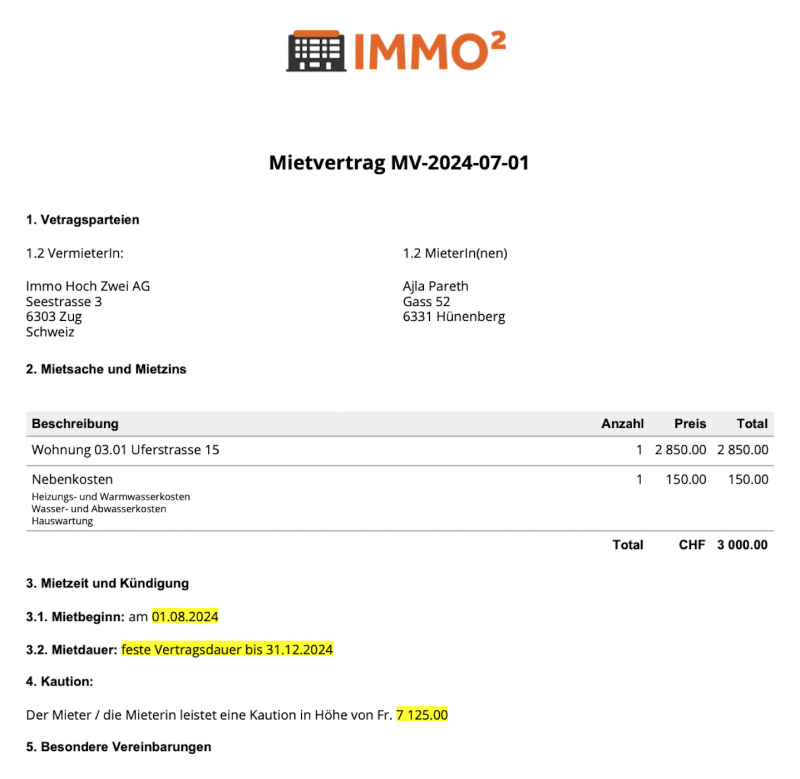 Screenshot eines Mietvertrags für eine Wohnung