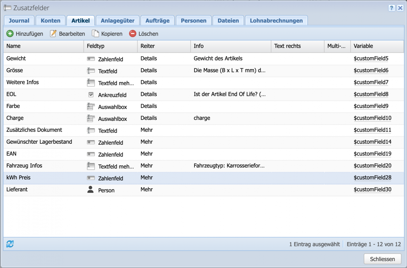 Screenshot der Zusatzfeld Übersicht, wo ersichtlich ist welche Variablen die Zusatzfelder zugewiesen haben.