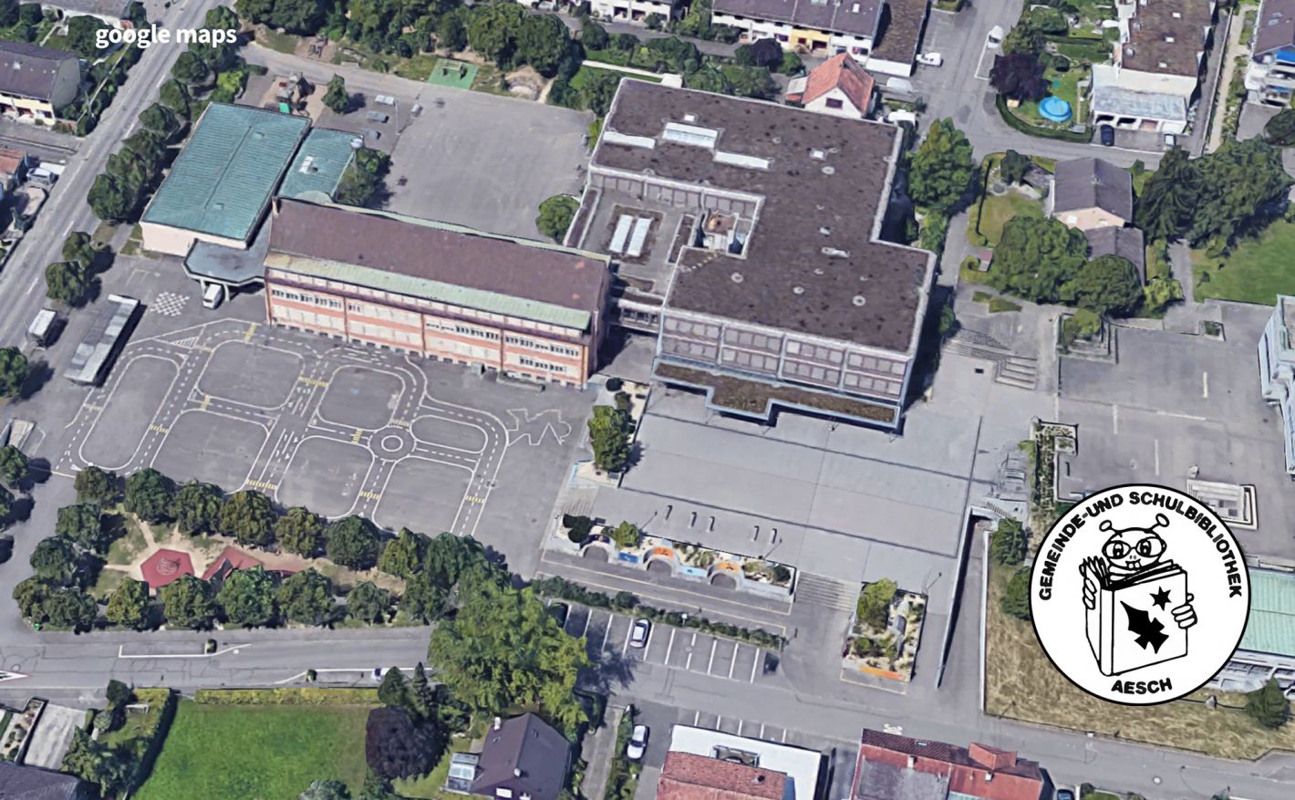 Google Maps screenshot of the community library from a bird's eye view
