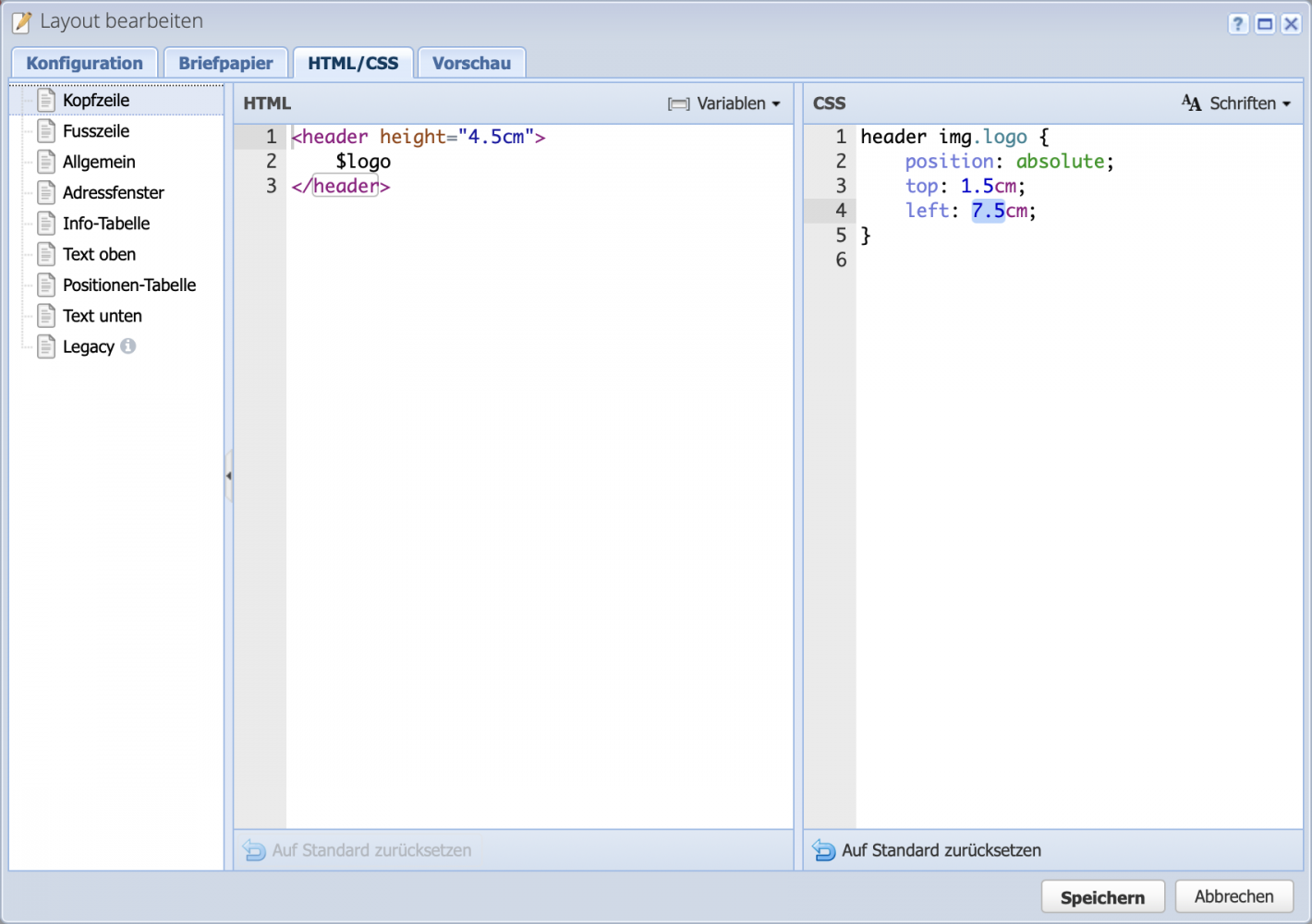 Screenshot der Layout Konfiguration mit dem geöffneten HTML/CSS Reiter, wo der Code zur Einrückung des Logos angepasst wird.