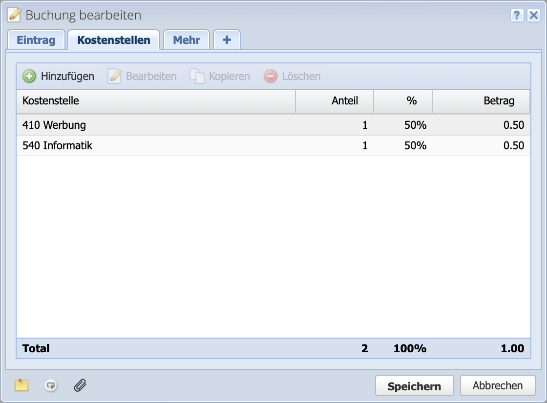 Screenshot: Edit dialog of an account, with visible cost centers tab