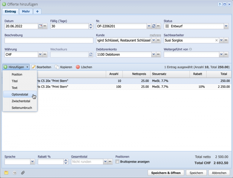 Screenshot of the Create order dialog with inserting an option total
