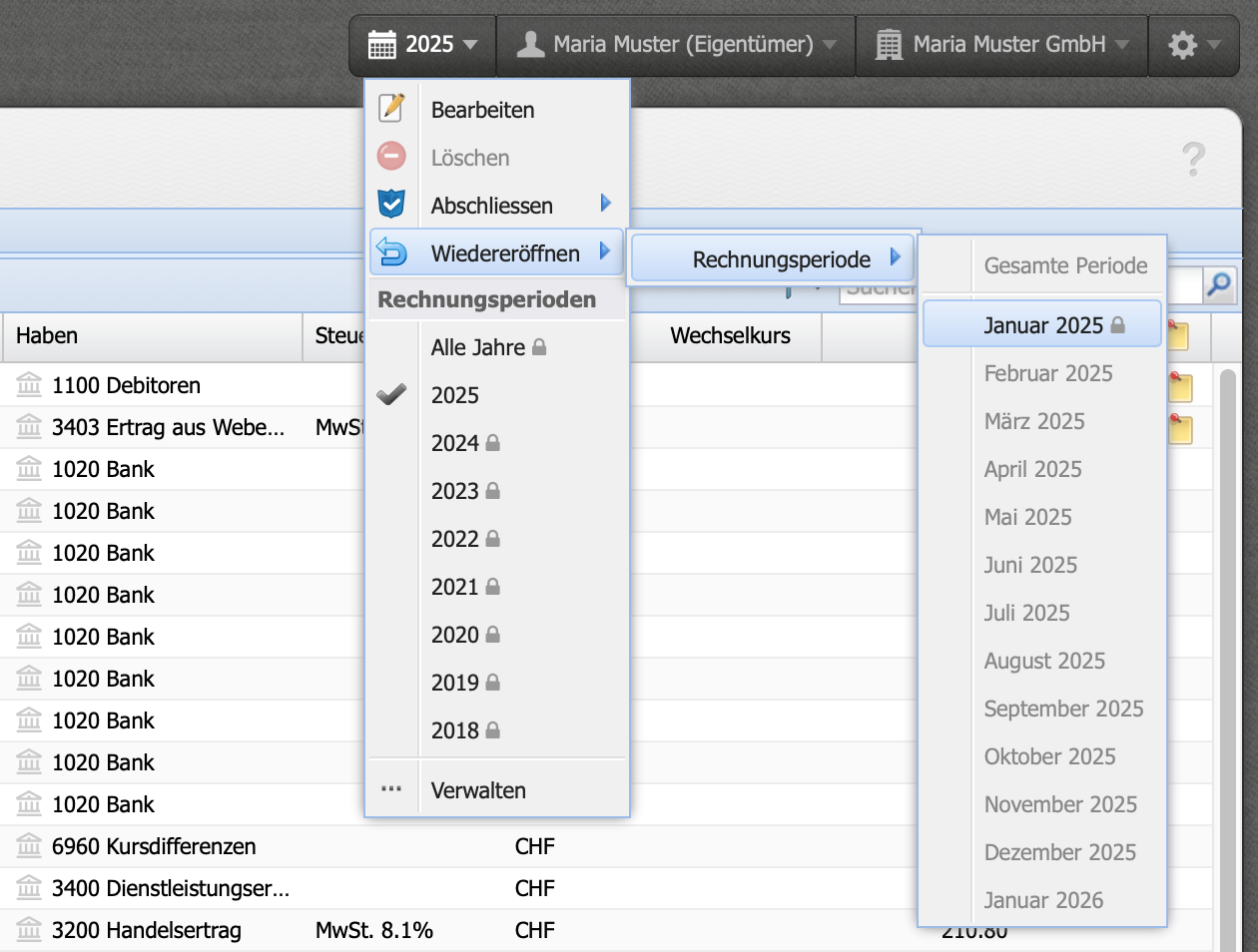 Screenshot des Rechnungsperioden Dropdown Menü zum wiedereröffnen von Monaten