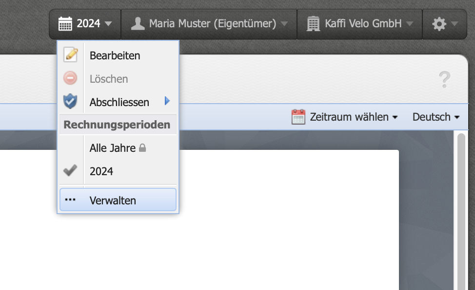 Screenshot meta menu for opening the fiscal period dialog