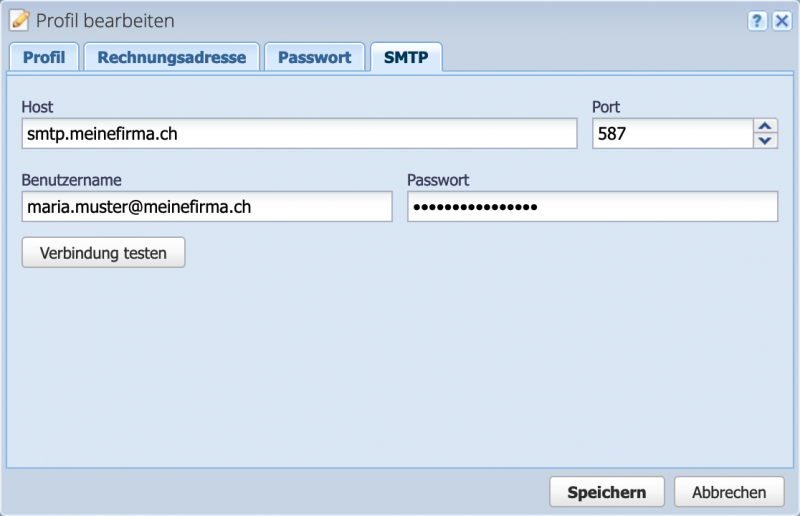 Screenshot of the user profile settings with the SMTP tab