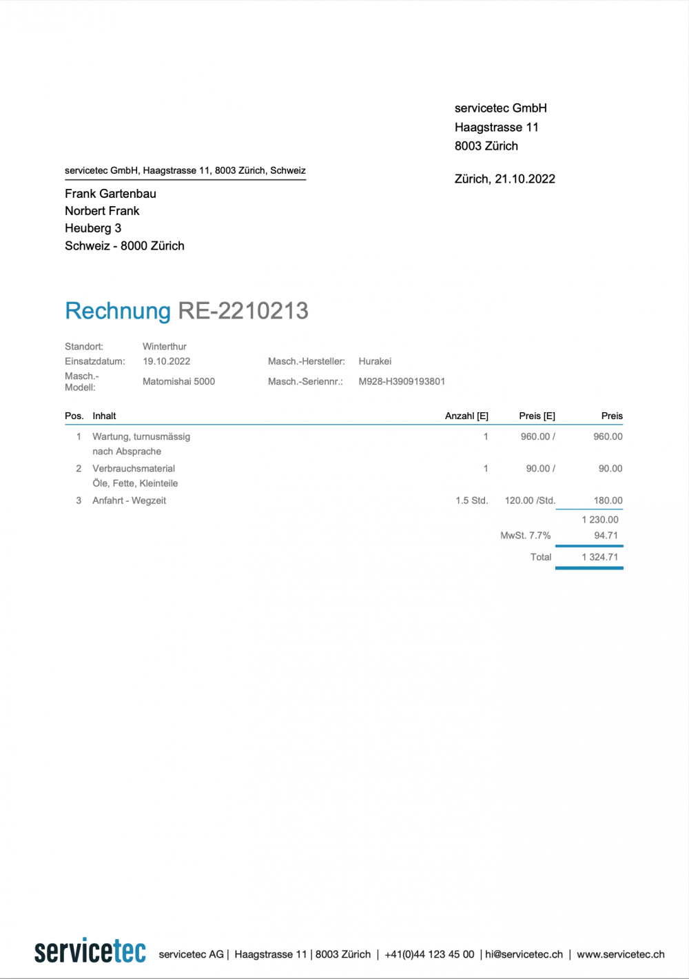 Screenshot einer individuell erstellten Rechnungsvorlage aus CashCtrl für eine Dienstleistungsfirma