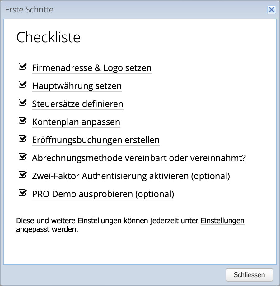 Screenshot der Erste Schritte Checkliste