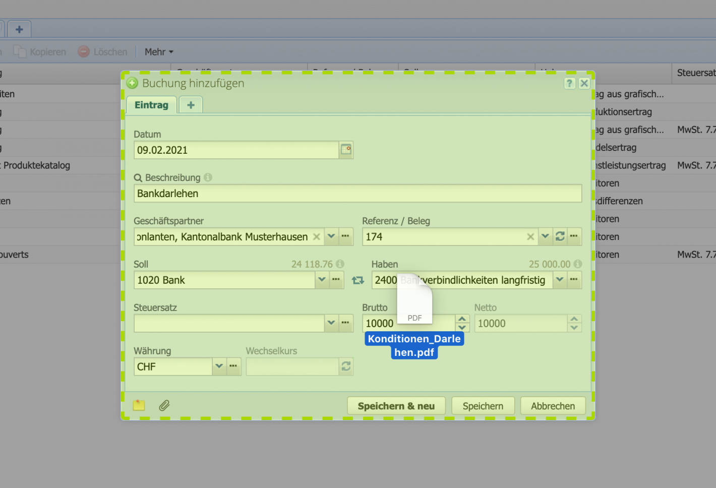Screenshot of how to attach a document directly to the booking dialog by dragging it with the mouse.