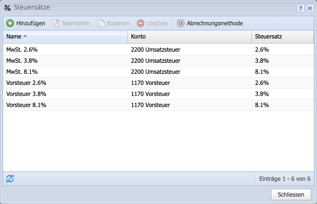 Screenshot der Steuersätze Einstellungen