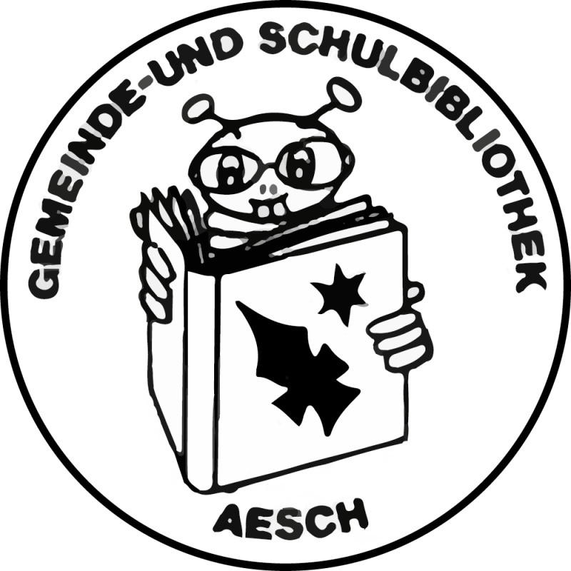 Logo Gemeindebibliothek Aesch (Bücherwurm mit Brille und Buch)
