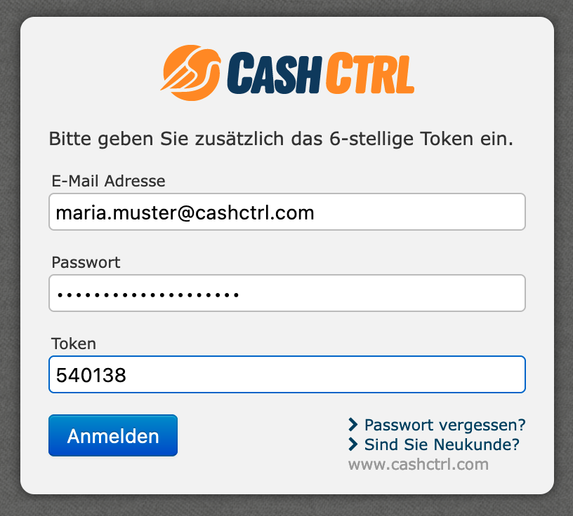 Screenshot of the login screen of CashCtrl