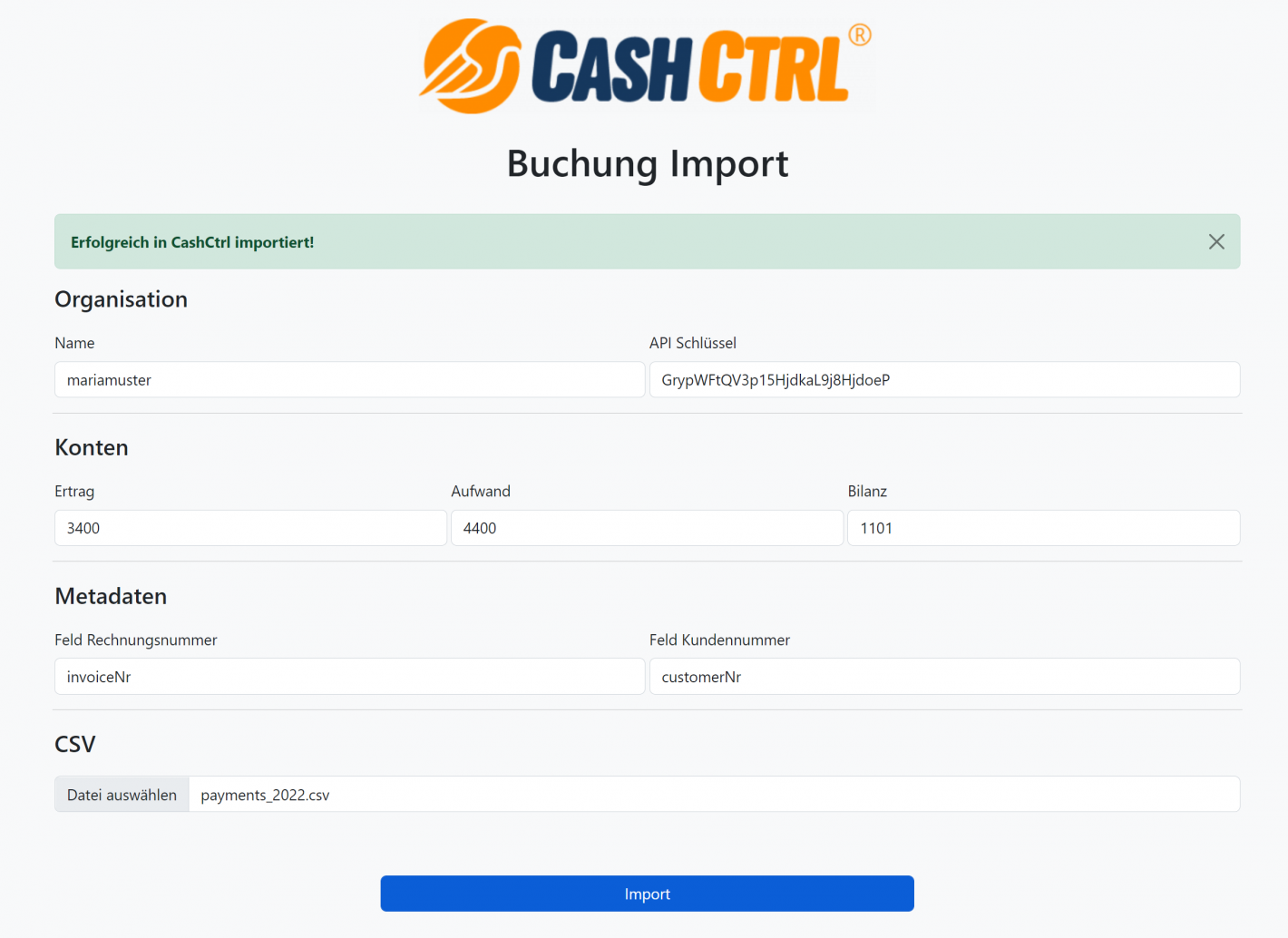 Screenshot of CashCtrl for import script of Stripe bookings
