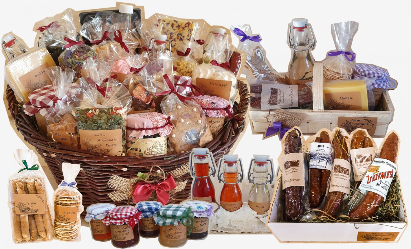 Picture collage of the fantastic offer of goodies from the burech basket.