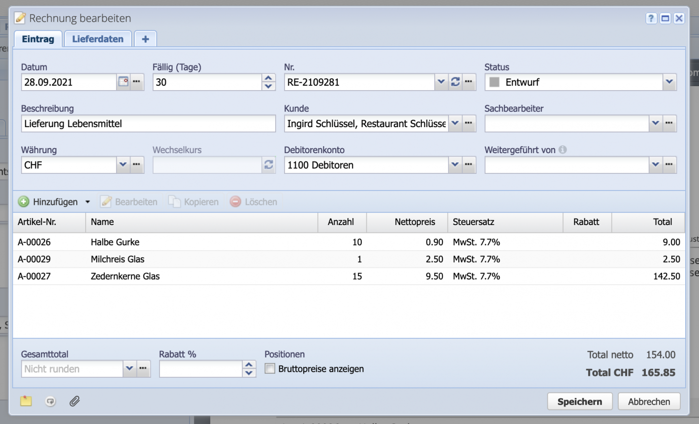 Screenshot Rechnungsdialog mit einzelnen Positionen