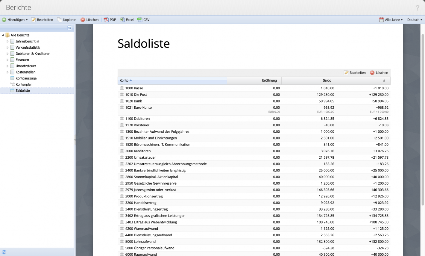 Screenshot Berichte mit Saldoliste