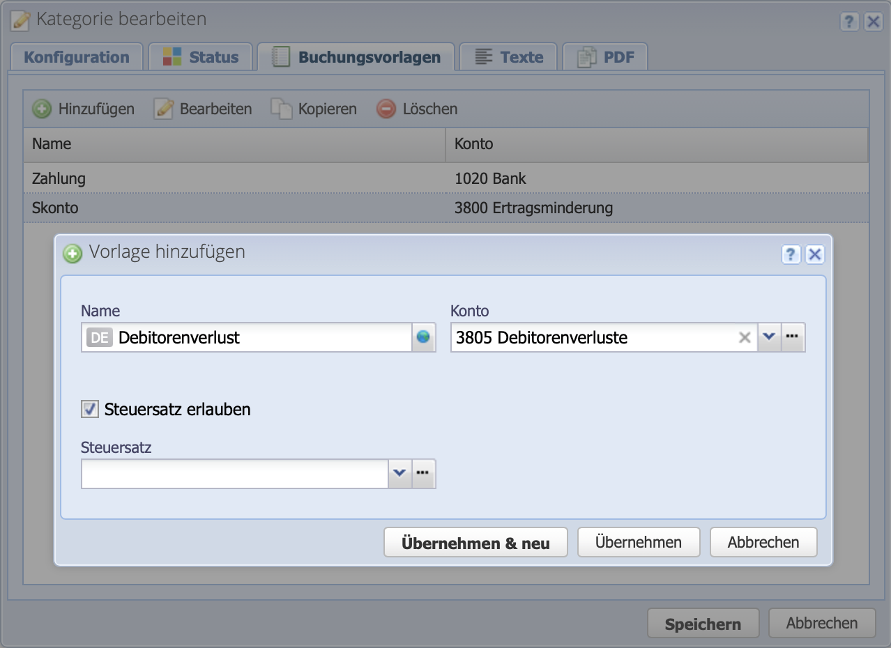 Screenshot of the booking templates tab in the configuration of the order categories