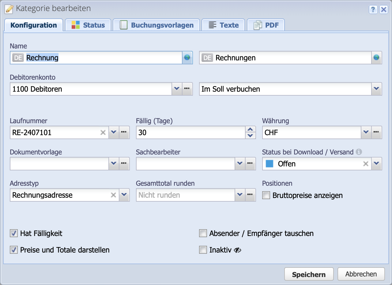 Screenshot of the configuration of the invoices order category 