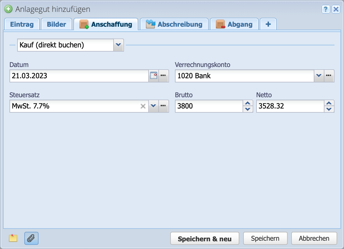 Screenshot of the acquisition of a fixed asset with the Acquisition tab