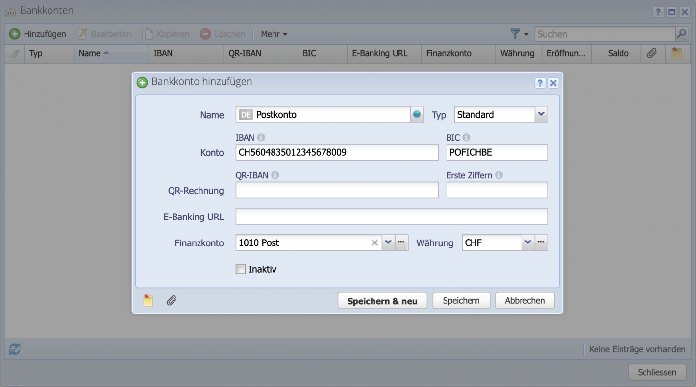 Screenshot des Hinzufügens eines Bankkontos in CashCtrl
