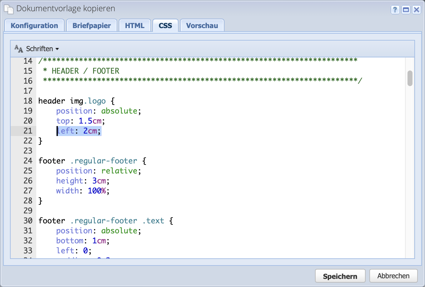 Screenshot der Dokumentvorlagen Konfiguration mit dem geöffneten CSS Reiter, wo der Code zur Einrückung des Logos angepasst wird.