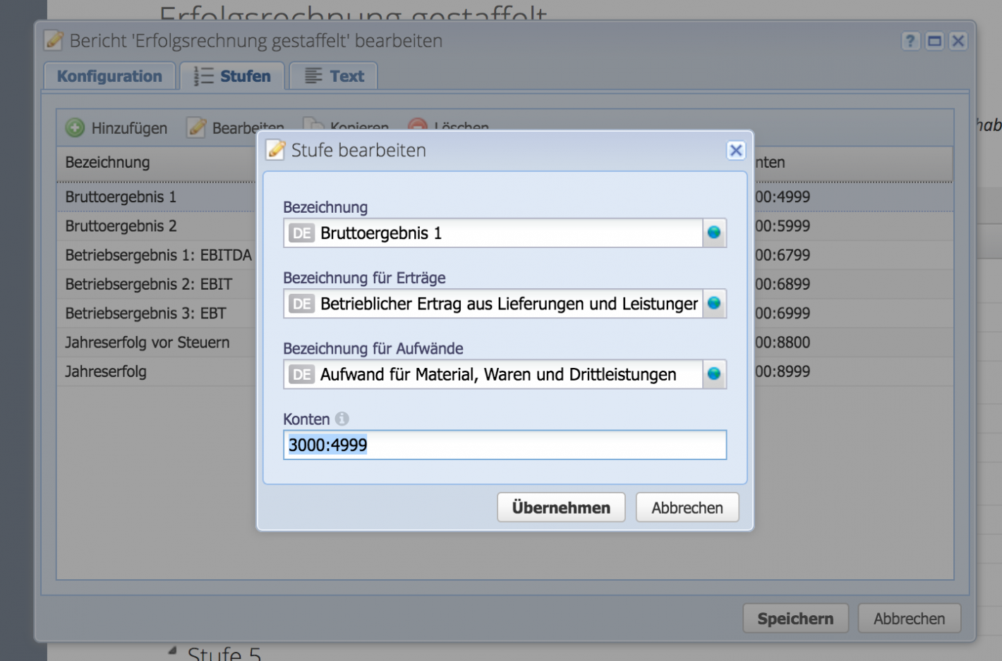 Screenshot of the dialog window for configuring the levels of the staggered income statement