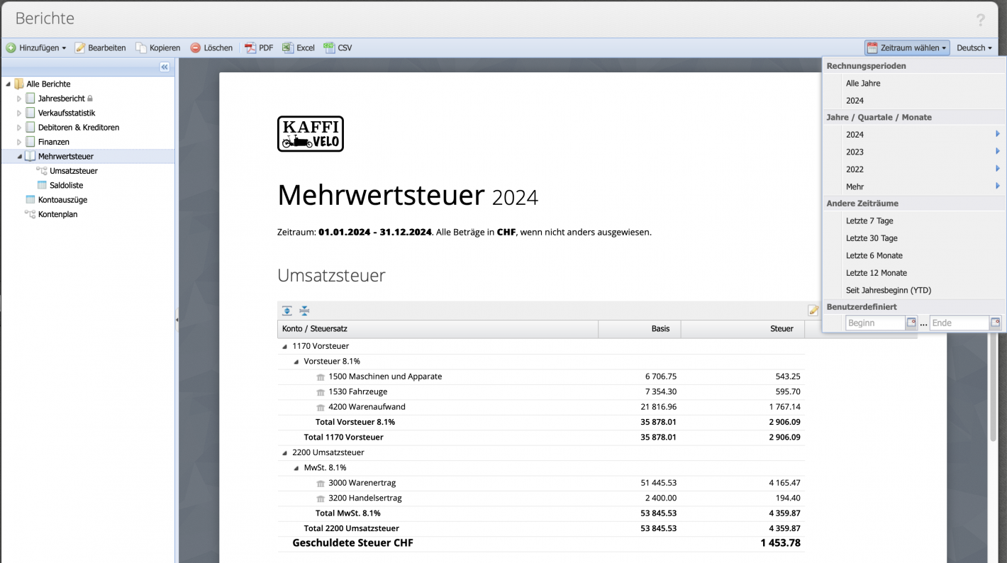 Screenshot of the sales tax report in CashCtrl
