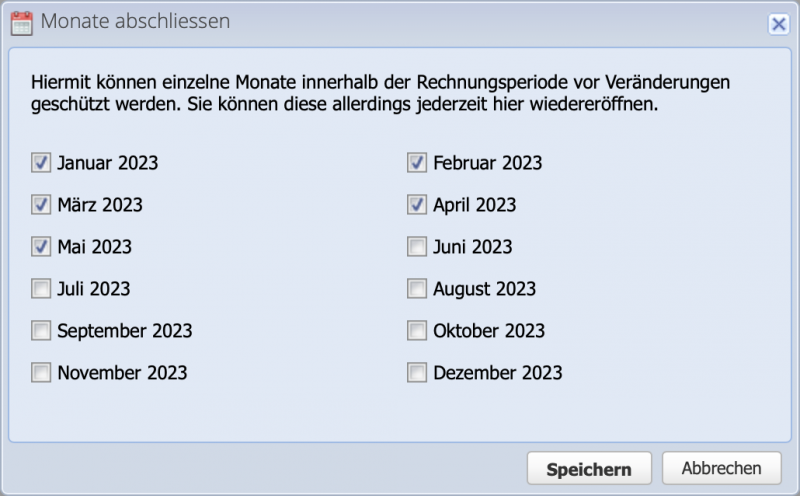 Screenshot of the months close dialog
