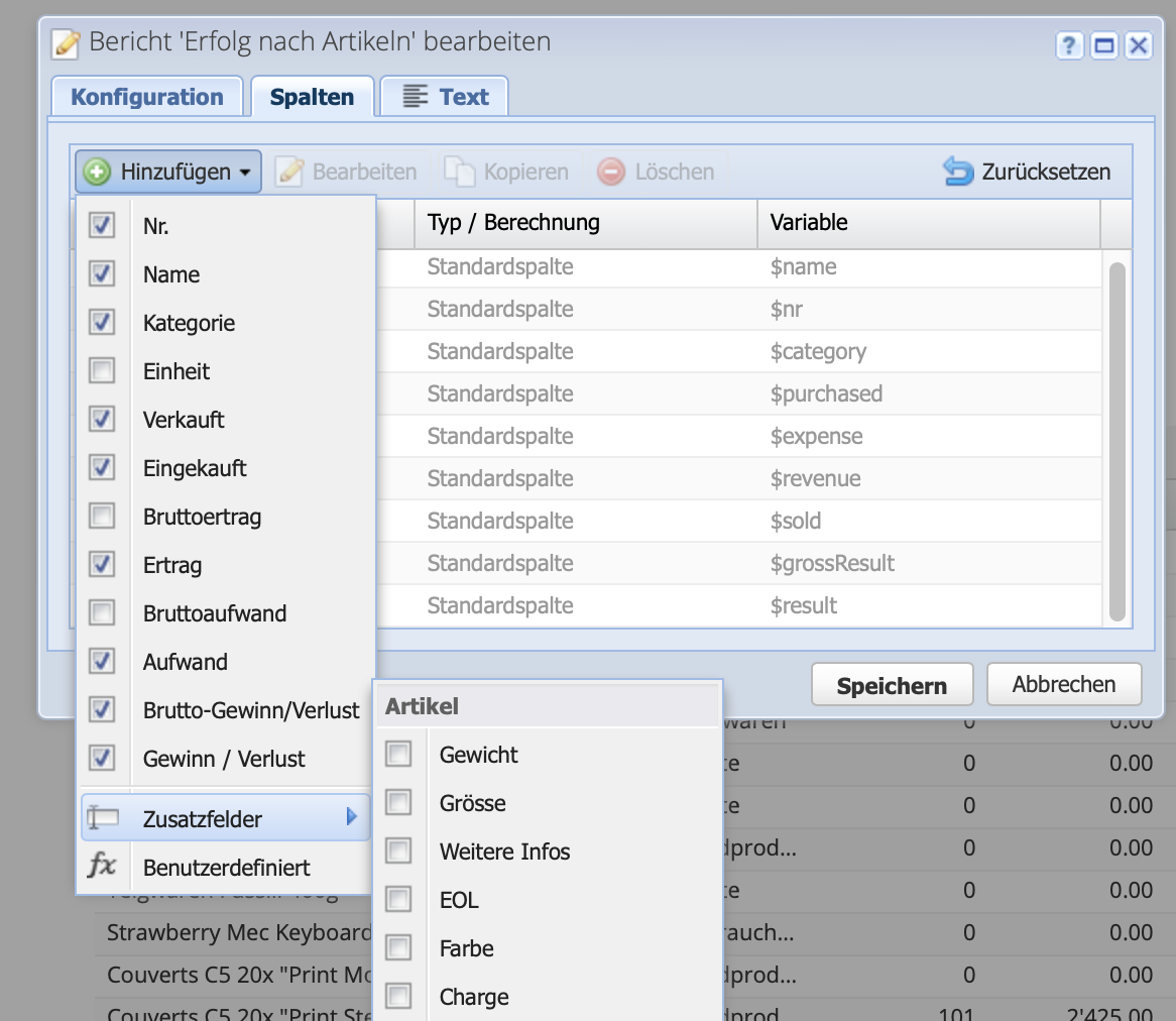 Screenshot of the configuration of a report with the addition of a custom column with a custom calculation