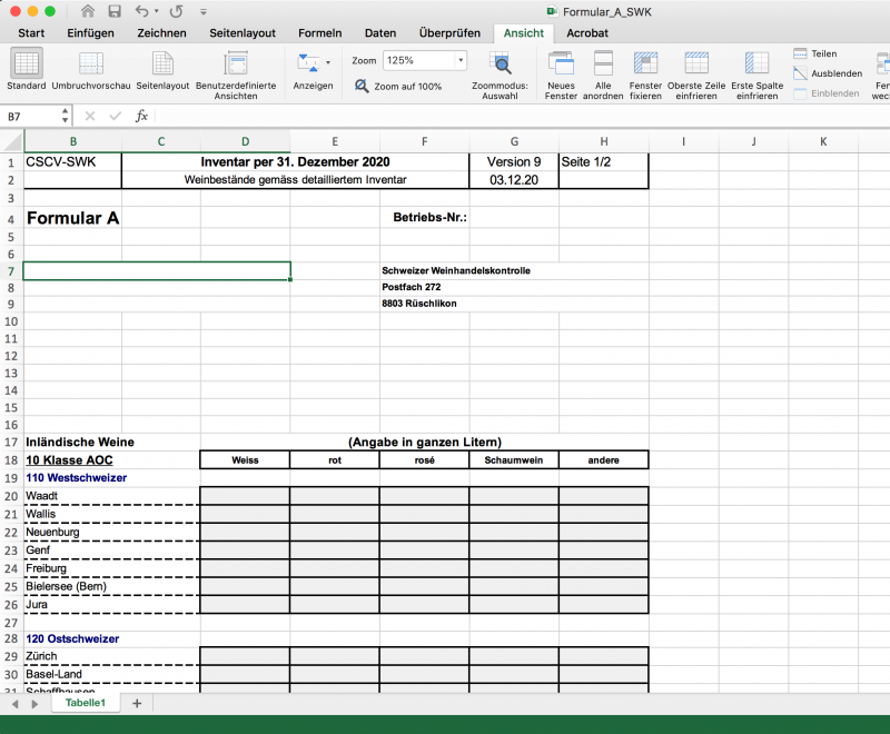 Screenshot of the Swiss Wine Trade Control Form A in Excel
