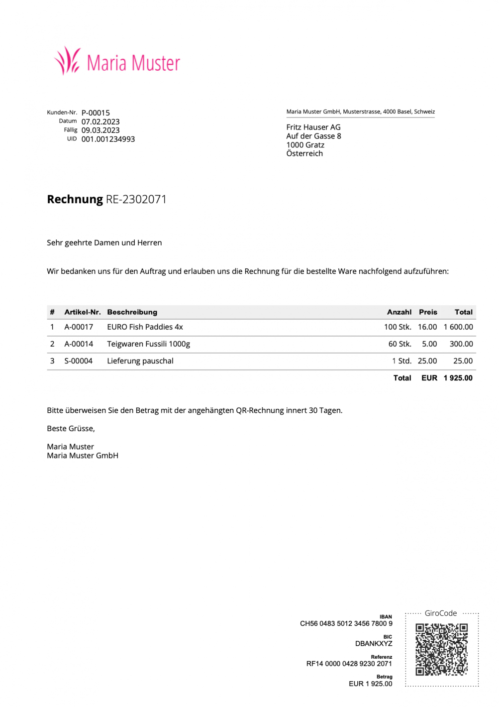 Screenshot einer EU Girocode Rechnung