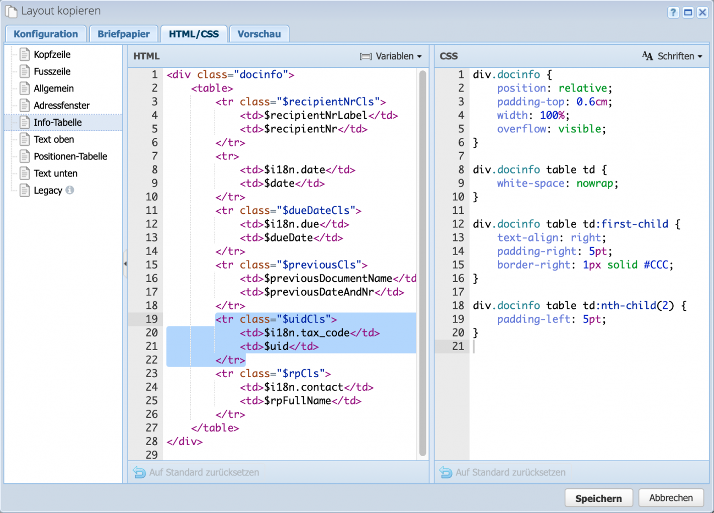 Screenshot der Layout Konfiguration mit dem geöffneten HTML/CSS Reiter, wo der Code angepasst wird