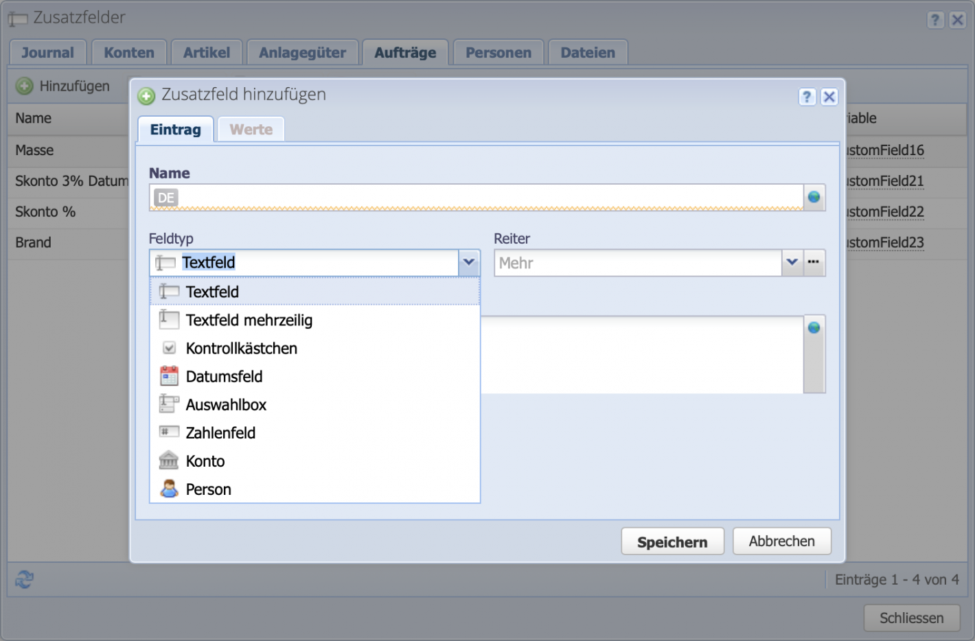 Screenshot of the add custom field dialog with dropdown of the different types of custom fields