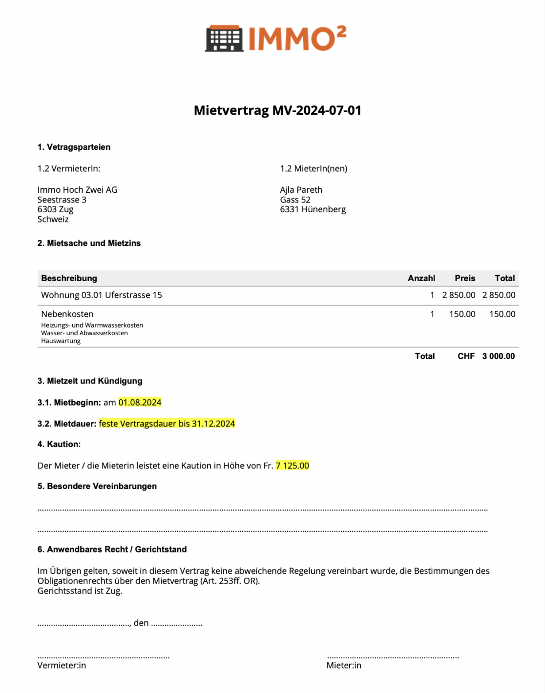 Screenshot des fertigen Mietvertrags mit den gelb markierten Infos aus den Zusatzfeldern