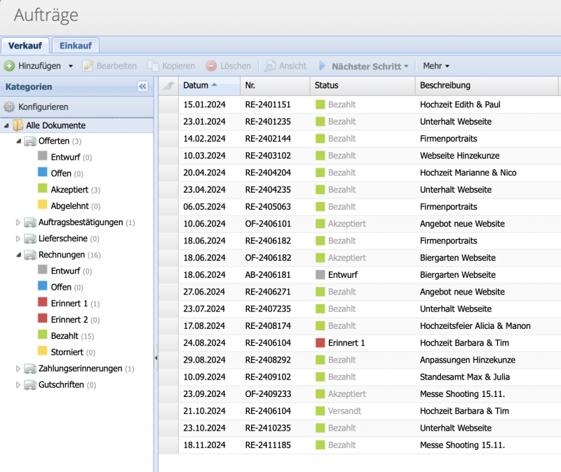 Screenshot of the orders module with the order categories