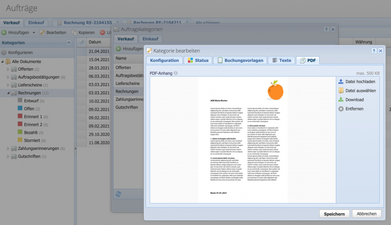 Screenshot der Konfiguration einer Auftragskategorie mit dem PDF Reiter in CashCtrl